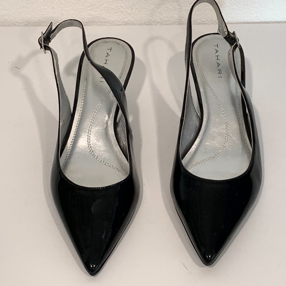 Tahari Black Patent Leather Slingback Kitten Heels - Picture 2 of 10